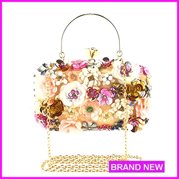 Elegant Evening Clutch with Detachable Chain Strap and 3D Flower Embellishments